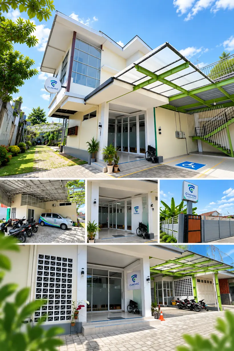 Gedung Clinivac: tampak depan, area parkir, pintu masuk, dan papan nama